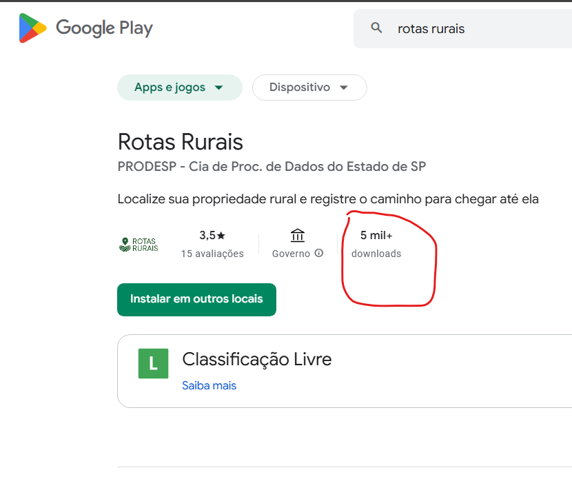 Google Play mostrando mais de 5 mil downloads do aplicativo Rotas Rurais